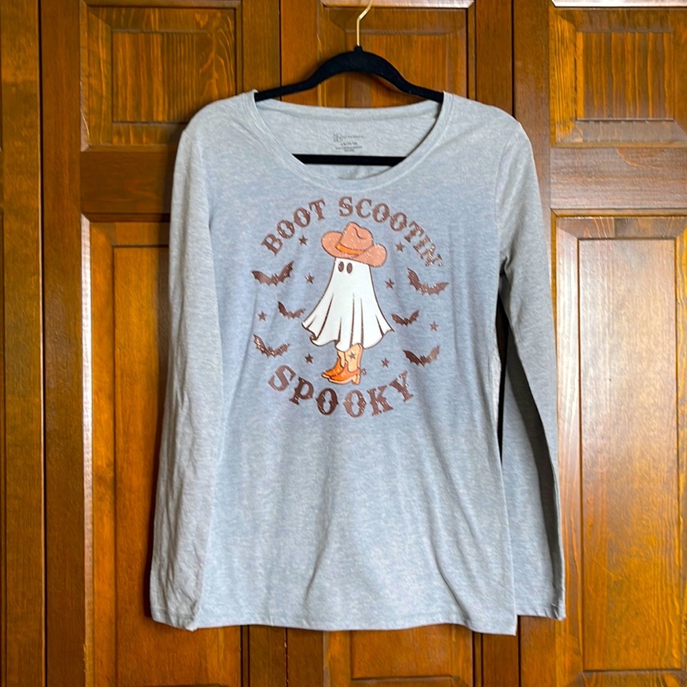 Grey, large scoop-neck, long sleeved shirt with ghost in boots Halloween shirt.
